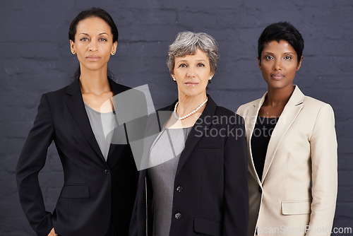 Image of Partnership, team and portrait of business women with diversity, confidence and assertive in corporate career. People, management and leadership together for job in banking, finance or investment