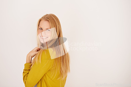 Image of Woman, portrait and haircare in studio, pride and keratin treatment or brazilian on white background. Happy female person, mockup space and shampoo or conditioner for beauty, cosmetic and dermatology