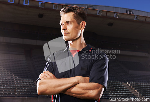 Image of Man, arms crossed and referee for sport at stadium, personal trainer or coach with determination and focus outdoor. Soccer umpire, challenge and competition at arena with confidence and pride at game