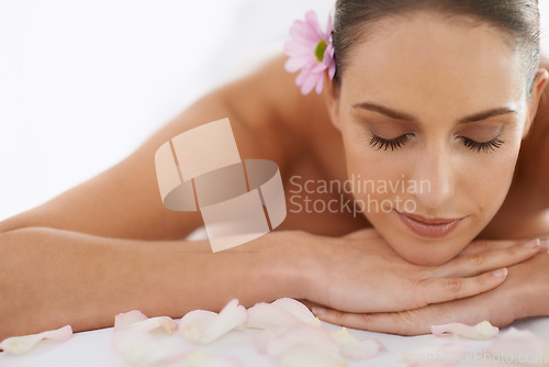 Image of Relax, massage and face of girl at spa for health, wellness and balance with luxury holistic treatment. Self care, zen and woman on mockup for body therapy, comfort and calm pamper service at hotel