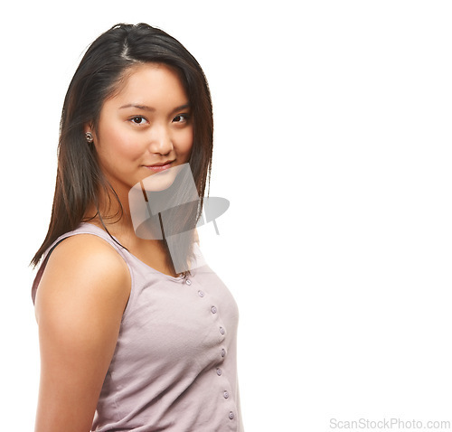 Image of Happy, asian woman and portrait with fashion for natural beauty or haircare on a white studio background. Face of attractive female person or young model with smile in casual clothing on mockup space