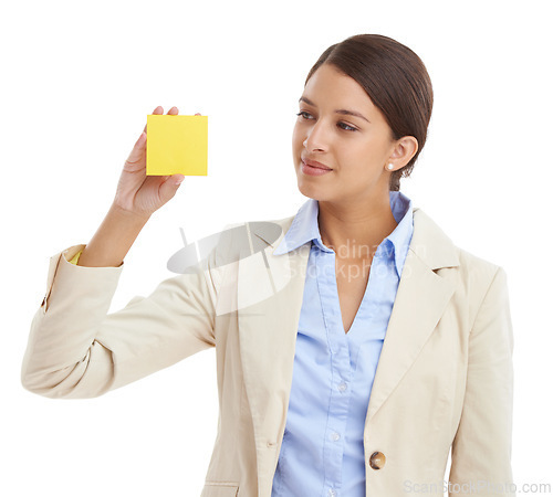 Image of Sticky notes, white background and business woman for news, information and writing ideas. Professional, corporate worker and isolated person with paper for planning, schedule and reminder in studio