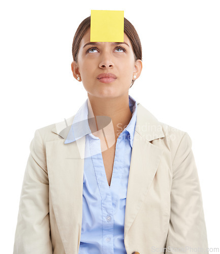 Image of Sticky notes, thinking and business woman in studio for news, brainstorming and writing ideas. Doubt, corporate and isolated person with paper for planning, schedule and reminder on white background