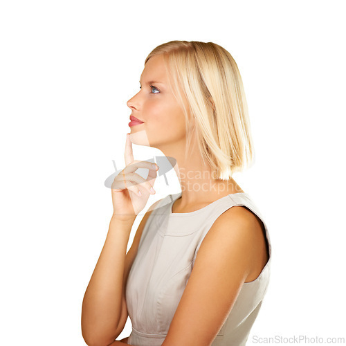 Image of Thinking, ideas and business woman in studio for human resources solution, vision or inspiration on a white background. Professional person or model looking up for brainstorming, planning or question