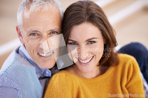 Image of Couple, age difference and smile in portrait, love with unique relationship and support for trust at home. Senior man, young woman in marriage, commitment and loyalty with partner and pride together