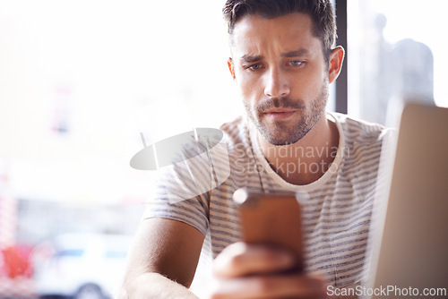 Image of Man, coffee shop and freelancer phone or laptop, communication and website for information. Male person, bistro and app for conversation, social media and remote work in restaurant for research