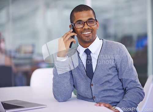 Image of Business man, phone call and portrait with smile in office for networking, contact and negotiation. African person, smartphone and happy for conversation, communication and connection in workplace