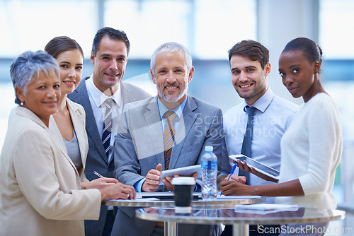 Image of Meeting, teamwork and portrait of business people for planning, brainstorming ideas and discussion. Corporate, collaboration and men and women with technology, documents and online report for project