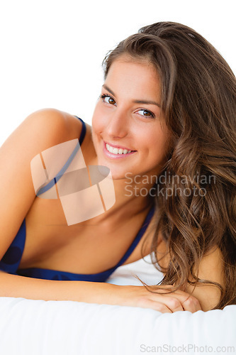 Image of Woman, portrait and underwear for lying on bed, relax and smile for lazy face or rest in apartment. Happy female person, clothes and satisfaction for duvet, comfortable and closeup in home on weekend