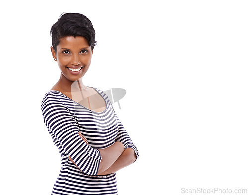 Image of Indian woman, arms crossed and smile in studio portrait with space, fashion and confidence by white background. Girl, person or model with trendy clothes, edgy style and happy for mock up in Mumbai