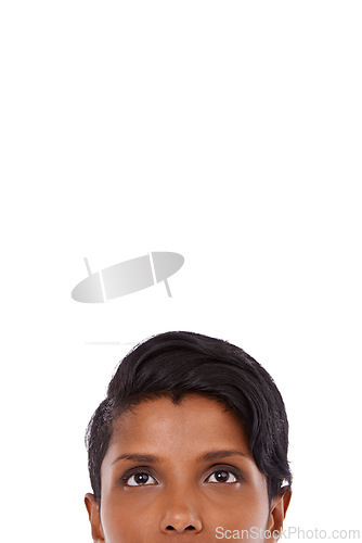 Image of Woman, face and thinking of idea in studio for problem solving, wondering and daydreaming with mockup space. Indian person, thoughtful and pondering on white background with contemplation or decision