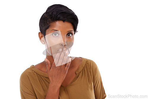 Image of Portrait, secret or shocked woman cover mouth for gossip or sale in studio on white background. Mockup space, wow or amazed face of a person surprised by deal announcement, drama story or fake news