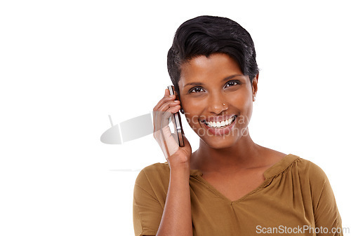 Image of Woman, phone call and portrait in studio with space for mock up with connection by white background. Girl, model and person with smartphone for promotion, contact and happy for chat on mobile network