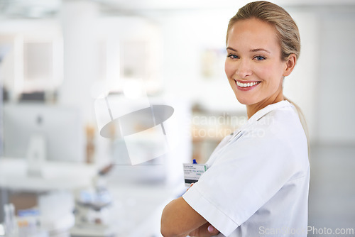 Image of Happy woman, portrait and professional with arms crossed for healthcare or science at laboratory. Face of female person or medical researcher smile in confidence for PHD or career ambition at the lab