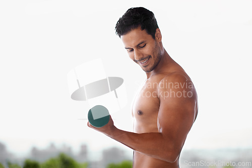 Image of Body, dumbbell and happy man outdoor for training, exercise and workout for power on mockup space. Muscle, strong and topless person weightlifting for fitness, health or wellness with abs in nature