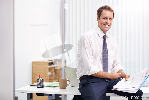 Image of Paperwork, report and portrait of man in office with smile, sales review or profit stats at accounting agency. Documents, business growth and development with financial advisor at desk at startup