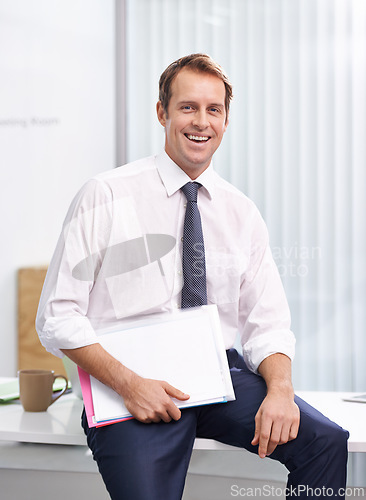 Image of Documents, folder and portrait of man in office with smile, sales review or profit report at accounting agency. Paperwork, business growth or development with financial advisor at desk with portfolio