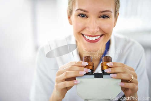 Image of Happy woman, portrait and scientist with forensic microscope for biology, science or chemistry at clinic. Face of female person or medical expert with smile for healthcare test, exam or experiment