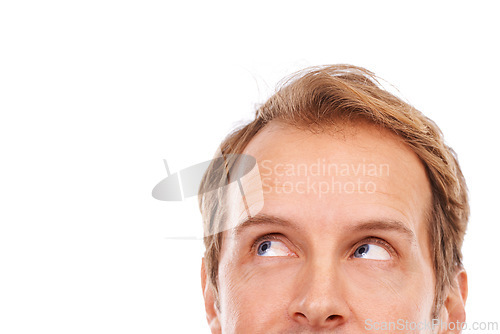 Image of Cropped, face and man is thinking for ideas or solution with problem solving, planning and decision on white background. Question, brainstorming and inspiration, insight for future and mockup space