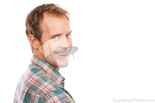 Image of Happy, portrait and creative man in studio with confidence or pride in business on mockup space. Professional, art director and person in development of project working on white background with smile