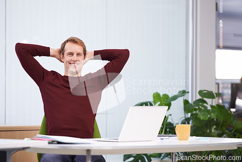 Image of Smile, relax and portrait of businessman in office for finish project on laptop with deadline. Happy, rest and male creative designer with hands on head for completed work on computer in workplace.