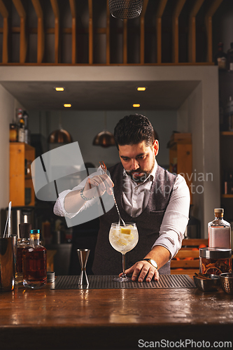 Image of Professional bartender garnishing cocktail at bar