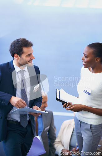 Image of Coworkers, seminar and diversity talking with documents, information and discussion with journalists. Happy, people smile for corporate company in press release, collaboration and conversation