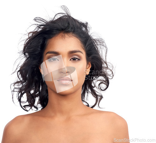 Image of Beauty, studio and portrait of indian woman with makeup with hair care from cosmetics in white background. Dermatology, skincare and model with healthy glow on skin or natural hairstyle mockup