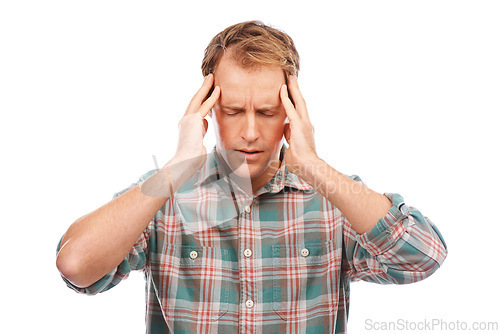 Image of Man, headache and pain with stress or burnout in studio, health emergency and brain fog on white background. Massage temple, injury or migraine with hurt, challenge or fail with fatigue or dizzy