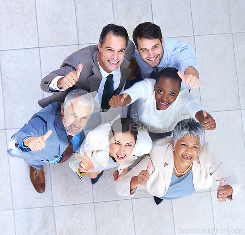 Image of Portrait, business people and thumbs up for good job, teamwork or collaboration together in office. Top view, emoji and diversity group of employee workers for approval, agreement or yes hand gesture