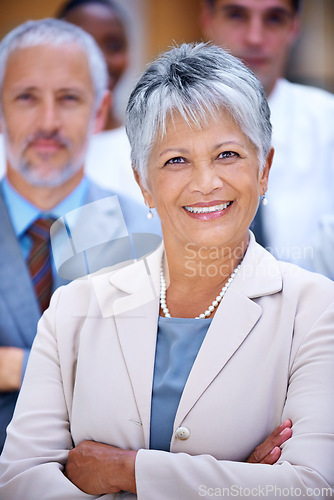 Image of Portrait, leadership and business people with woman manager, confidence or solidarity in startup career. Community, face of professional men and women together in office for teamwork, pride and smile