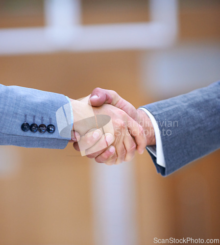 Image of Professional and handshake in business deal agreement for office, corporate merger or acquisition collaboration. Hello, thank you hand gesture for businesspeople, b2b or crm contract congratulations