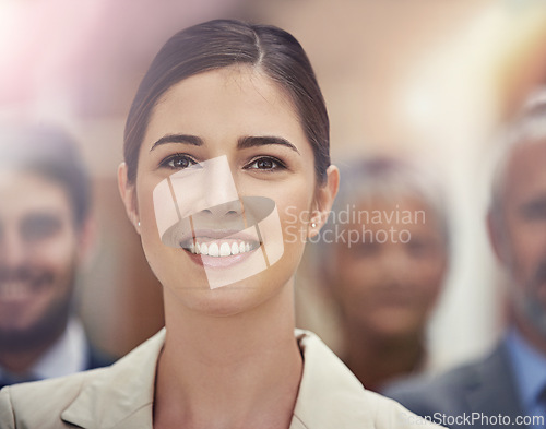 Image of Business, leadership and happy woman with group in office for collaboration, teamwork or support. Face, smile or female lawyer with paralegal team at law firm for startup, about us or career goals