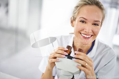 Image of Happy woman, portrait and scientist with microscope for research, biology or forensics at lab. Face of female person or medical expert with smile for test, exam or scientific discovery at laboratory
