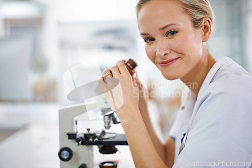 Image of Happy woman, portrait and laboratory with forensic microscope for research, scientific test or discovery. Female person or medical expert with smile and scope for science, breakthrough or biology