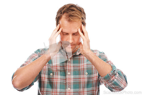 Image of Headache, man and pain with burnout, stress and guy isolated on white studio background. Person, mockup space and model with a migraine or medical issue with health problem, touching temple or crisis