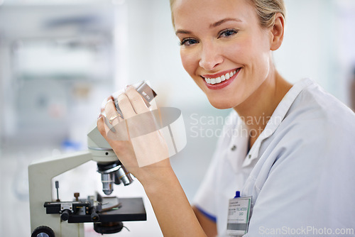 Image of Happy woman, portrait and microscope with exam for laboratory research, scientific test or discovery. Face of female person or medical expert with smile and scope for science breakthrough or biology