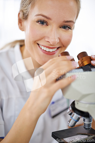 Image of Happy woman, portrait and microscope with test for laboratory research, scientific exam or discovery. Face of female person or medical expert with smile and scope for science breakthrough or biology