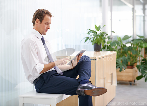 Image of Scroll, relax and man in office with tablet, sales review or profit report at online consulting agency. Internet, business growth or development with businessman on digital app search for budget plan