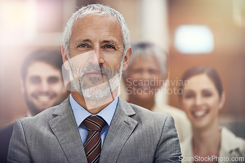 Image of Leadership, business or senior man portrait with group in court for collaboration, teamwork or support. Face, pride or old lawyer with paralegal team at law firm for startup, about us or career goals
