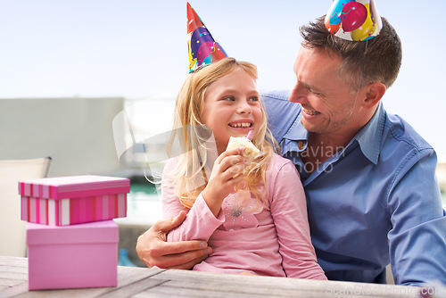 Image of Girl, dad or happy birthday at family, party or cake to love, bonding or together at poolside patio. Papa, child or smile at cupcake, candle or gift to embrace, care or celebrate as childhood wish