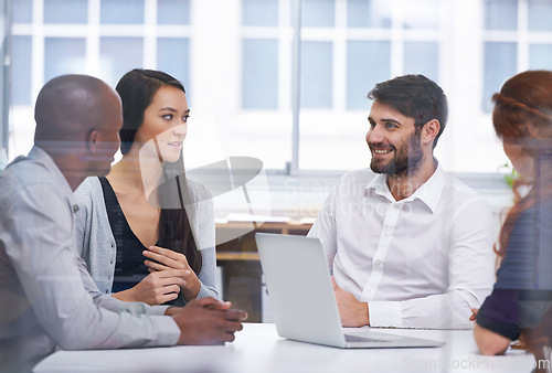 Image of Business people, boardroom and meeting partnership for startup planning for tech b2b support, collaboration or problem solving. Men, women and laptop in office building for deal, sales or decision