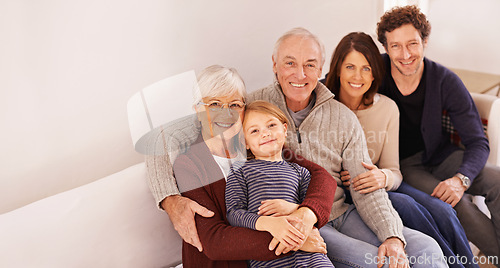 Image of Grandparents, generations and kid on couch for portrait with hug, care or love with parents for bonding in home. Mother, father and senior people with child for embrace on lounge sofa in family house