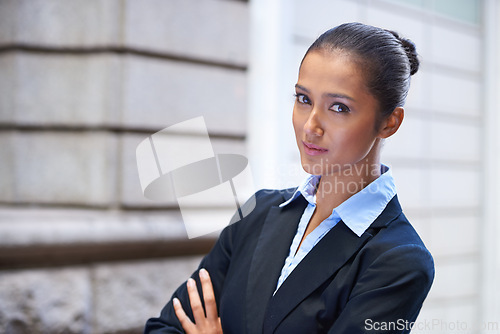 Image of Woman, lawyer and arms crossed in portrait or city for legal justice, travel and pride with confidence. Outdoor, consultant or face of female attorney, advocate or corporate advisor at courthouse