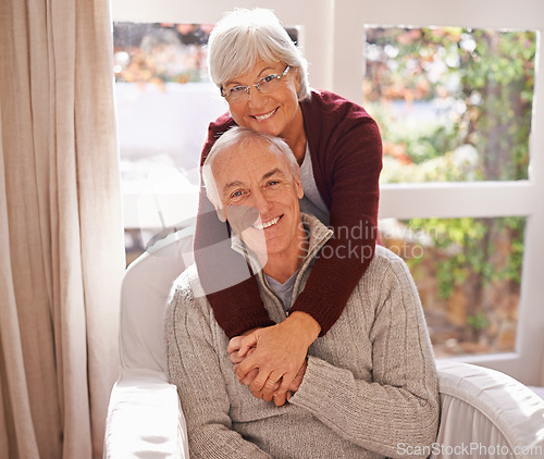 Image of Couple, mature and portrait with hug, smile and home for happy retirement. Senior man, woman and marriage with elderly, care and love for healthy relationship and romantic rest and relaxation