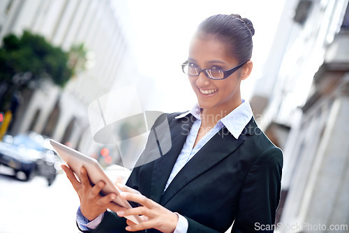 Image of Lawyer, portrait or happy woman with tablet in city for legal research, online app or social media post. Attorney, smile or advocate with business email, networking or internet article for travel