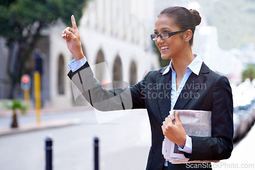 Image of Businesswoman, hand and cab for travel with smile, commute and taxi in city for work. Lawyer, happy and newspaper or article for news with information, stories and female person in morning journey