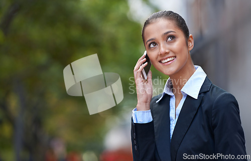 Image of Businesswoman, talking or thinking of phone call in city commute to work or job on outdoor travel. Speaking, advocate or happy attorney networking with smile or news in modern urban area or Cape Town