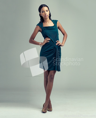 Image of Portrait, woman and confident in vintage fashion in studio and silk dress by white background. Brazilian model, young face and elegant clothes for formal event and heels with hands on hips in mock up