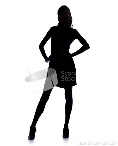 Image of Silhouette, woman and confidence in studio in fashion dress, pride and heels for glamour by white background. Model, person and hands on hips in mock up for art deco, dark shadow and elegant figure